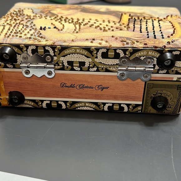 Very cool Vintage Cigar Box Bag beaded angel playing harp image wood bead handle - Picture 4 of 9